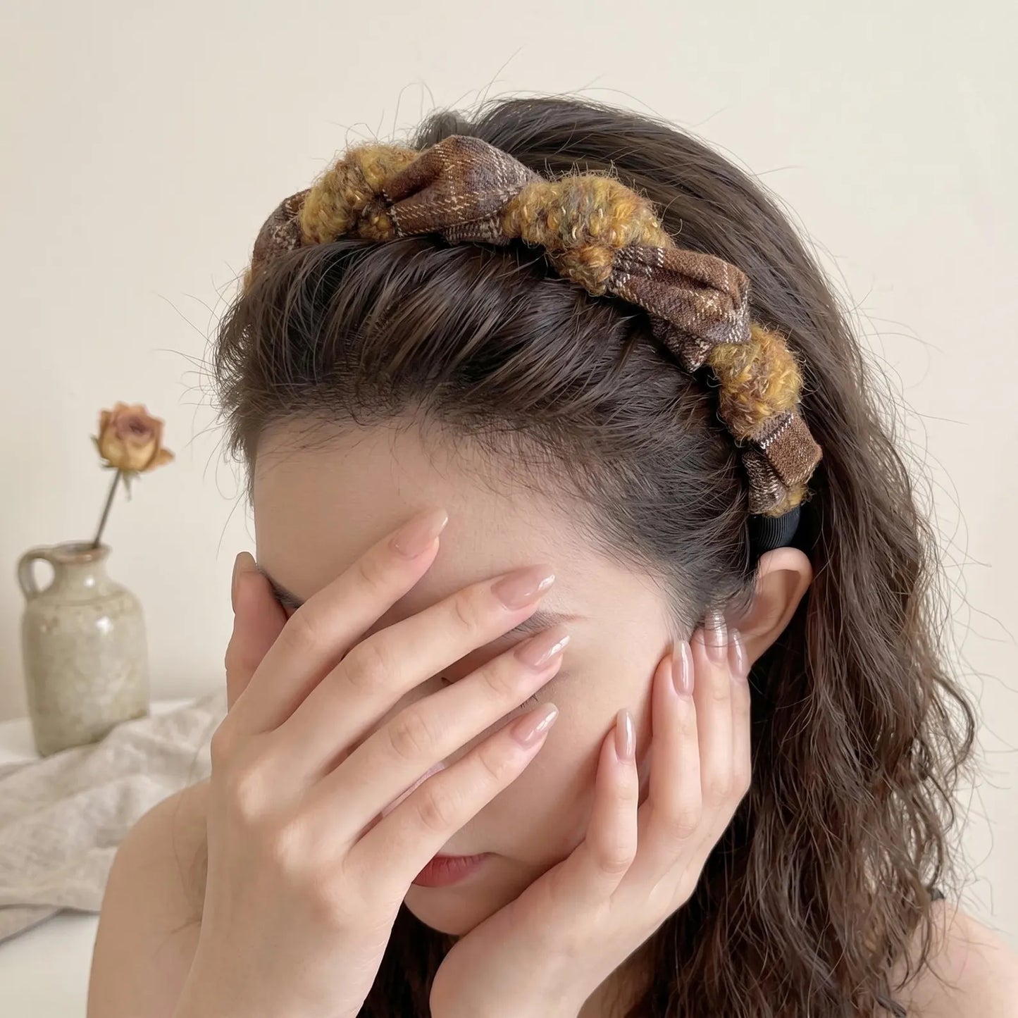 Effortless Chic Chunky Plaid Braided Headband in Oolong Tea & Lemon Tree, Voluminous Padded Hairband with Hidden Teeth – YUDI VAULT