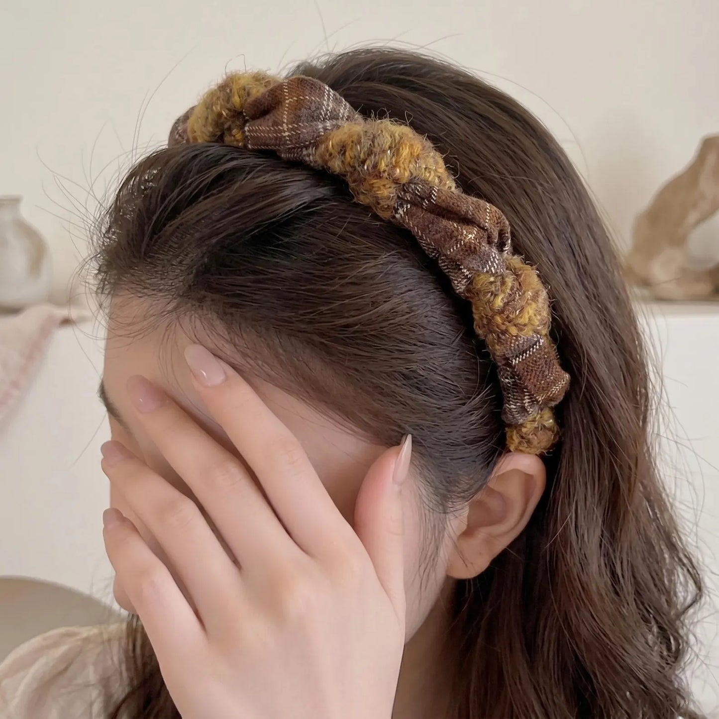 Effortless Chic Chunky Plaid Braided Headband in Oolong Tea & Lemon Tree, Voluminous Padded Hairband with Hidden Teeth – YUDI VAULT