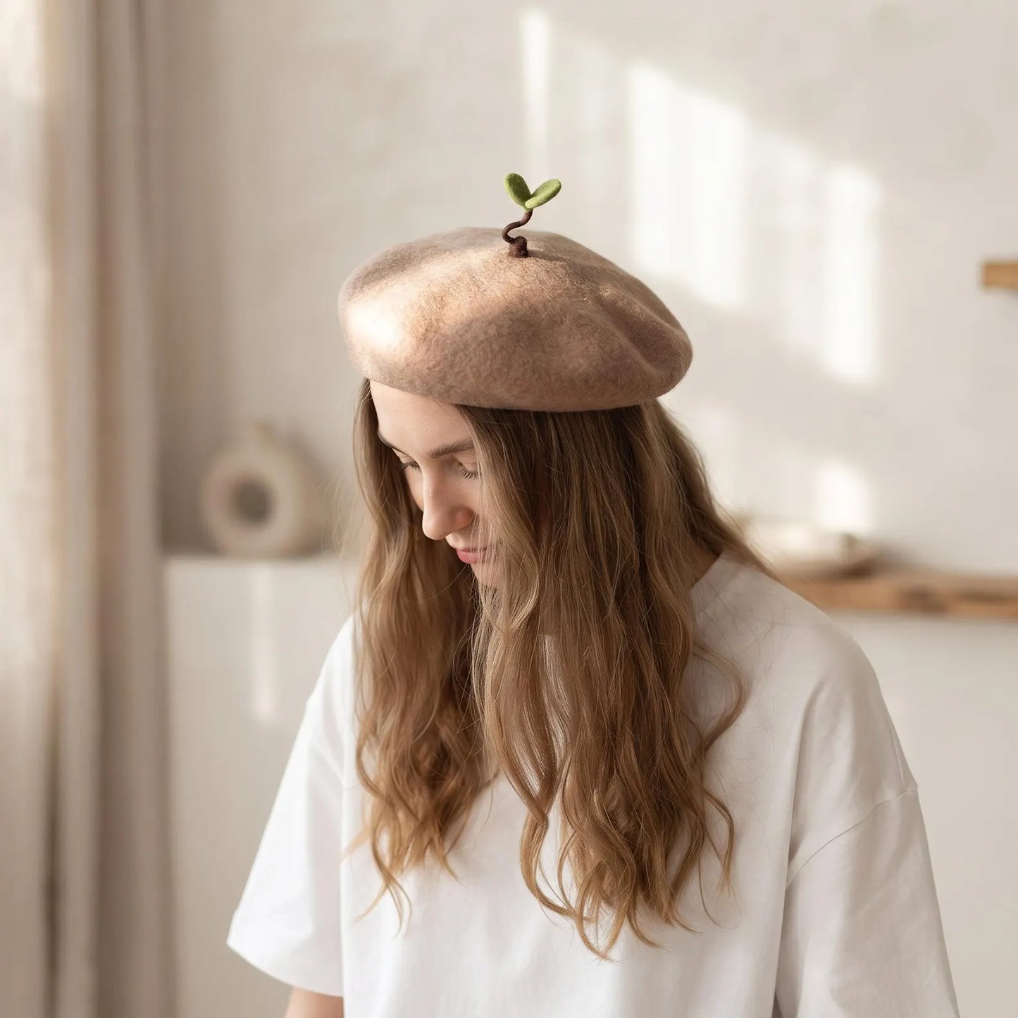 Handmade Sprout Wool Beret – Whimsical Kawaii Winter Hat & Plant Lover Gift