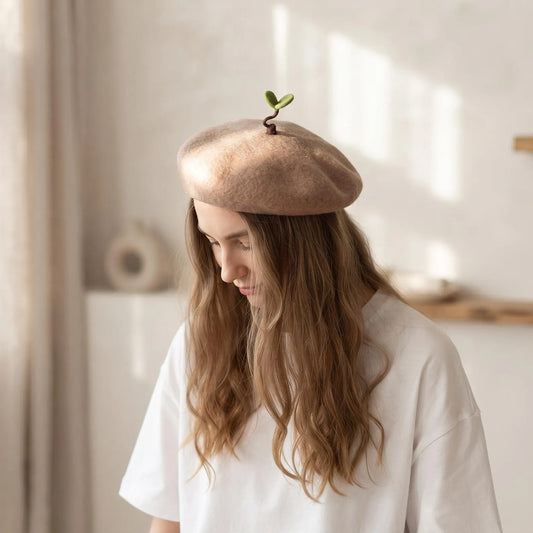 Handmade Sprout Wool Beret – Whimsical Kawaii Winter Hat & Plant Lover Gift