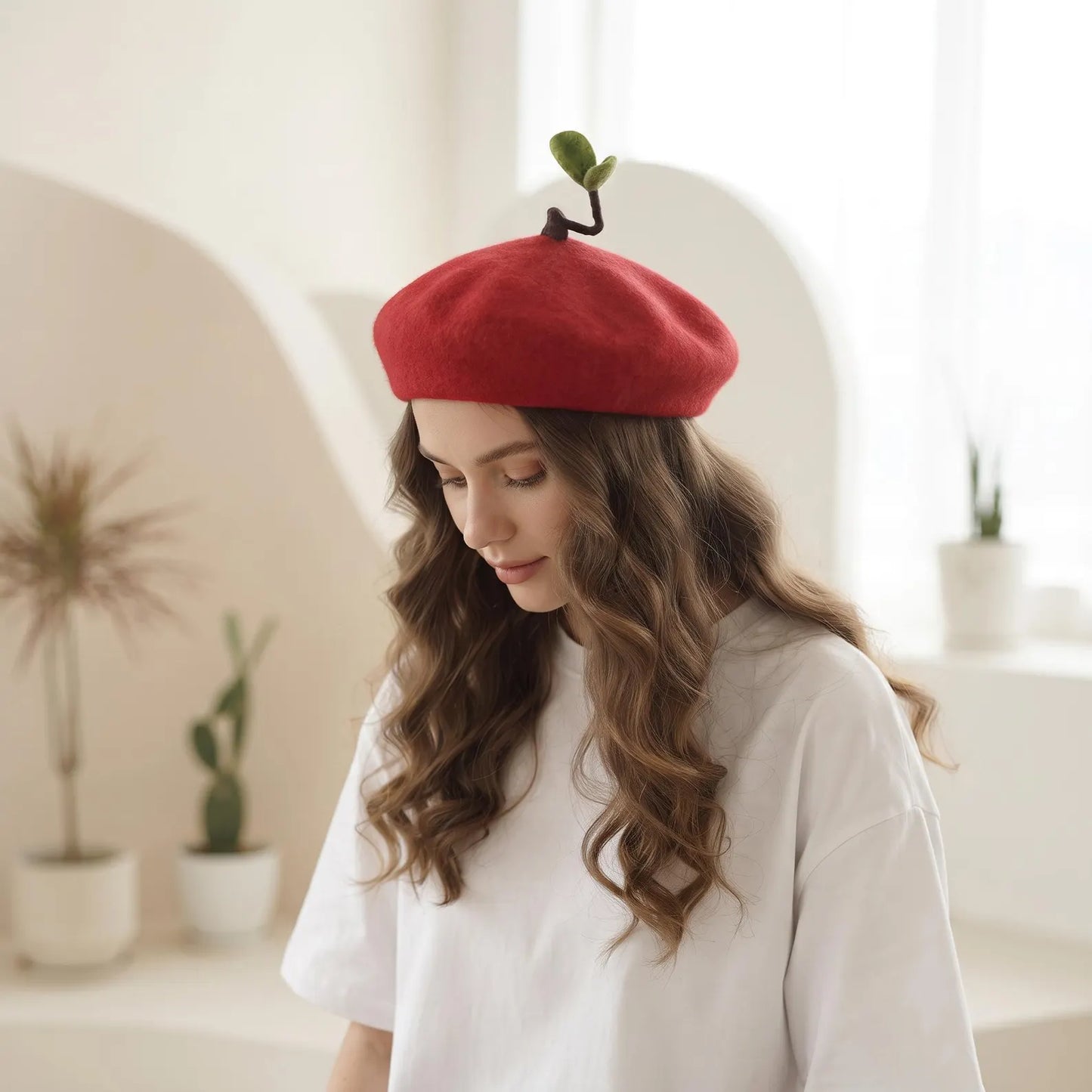 Handmade Sprout Wool Beret – Whimsical Kawaii Winter Hat & Plant Lover Gift
