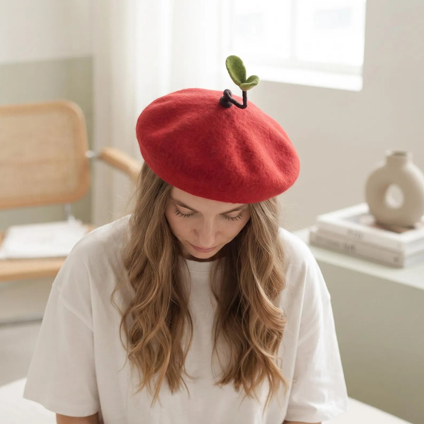 Handmade Sprout Wool Beret – Whimsical Kawaii Winter Hat & Plant Lover Gift