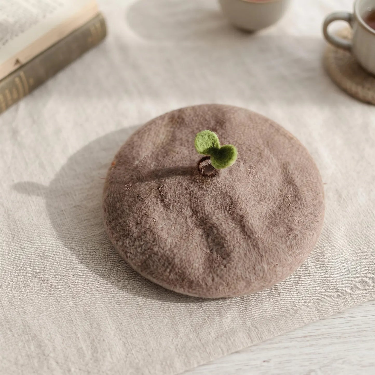 Handmade Sprout Wool Beret – Whimsical Kawaii Winter Hat & Plant Lover Gift
