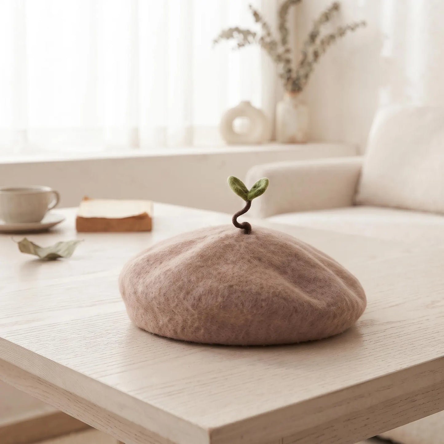 Handmade Sprout Wool Beret – Whimsical Kawaii Winter Hat & Plant Lover Gift