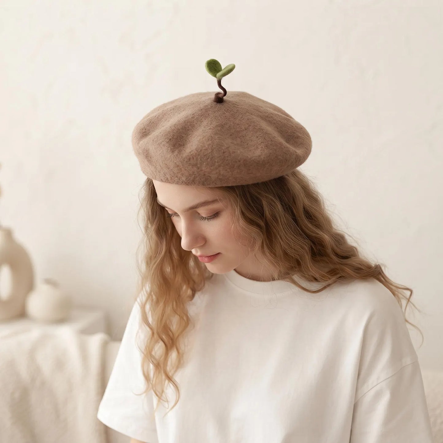 Handmade Sprout Wool Beret – Whimsical Kawaii Winter Hat & Plant Lover Gift