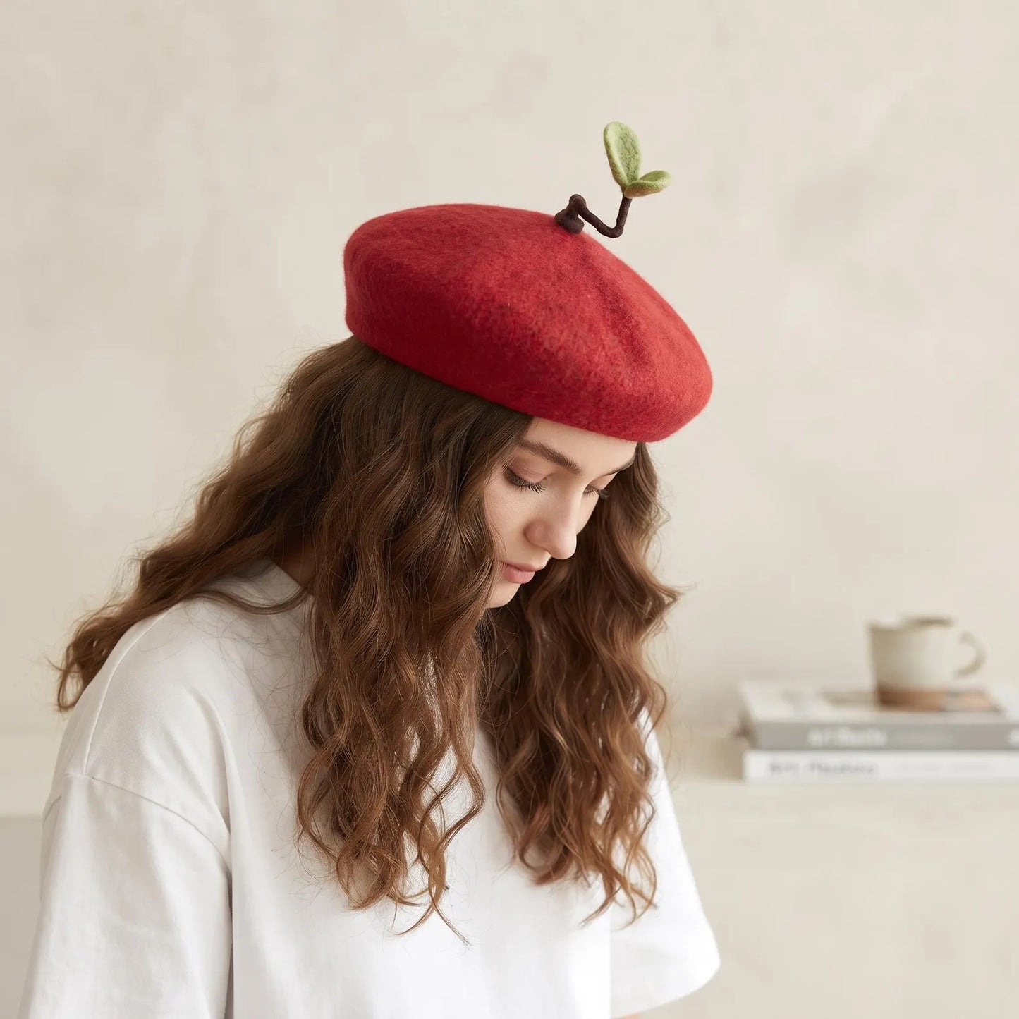 Handmade Sprout Wool Beret – Whimsical Kawaii Winter Hat & Plant Lover Gift