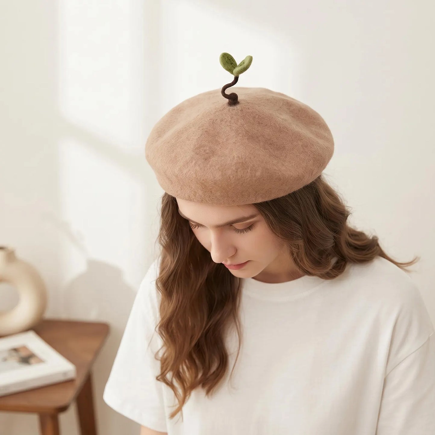 Handmade Sprout Wool Beret – Whimsical Kawaii Winter Hat & Plant Lover Gift