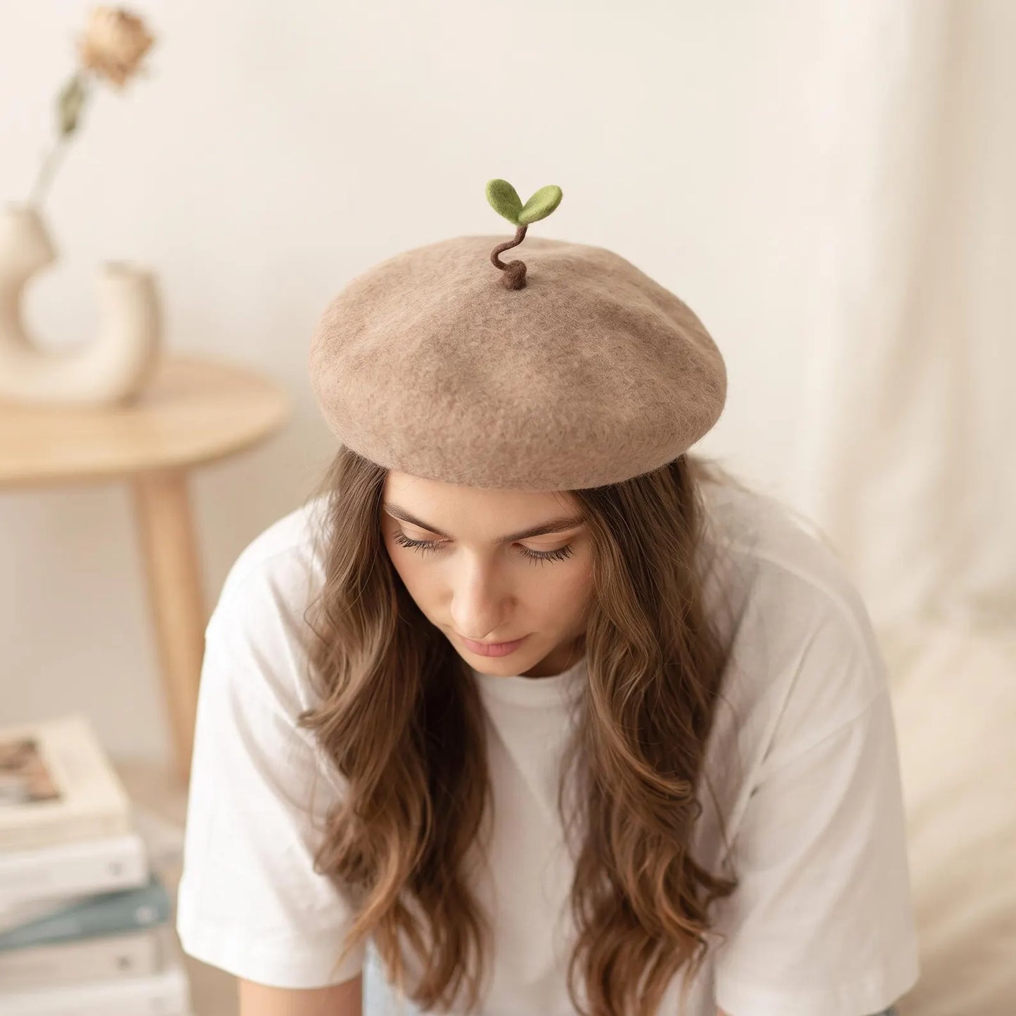 Handmade Sprout Wool Beret – Whimsical Kawaii Winter Hat & Plant Lover Gift