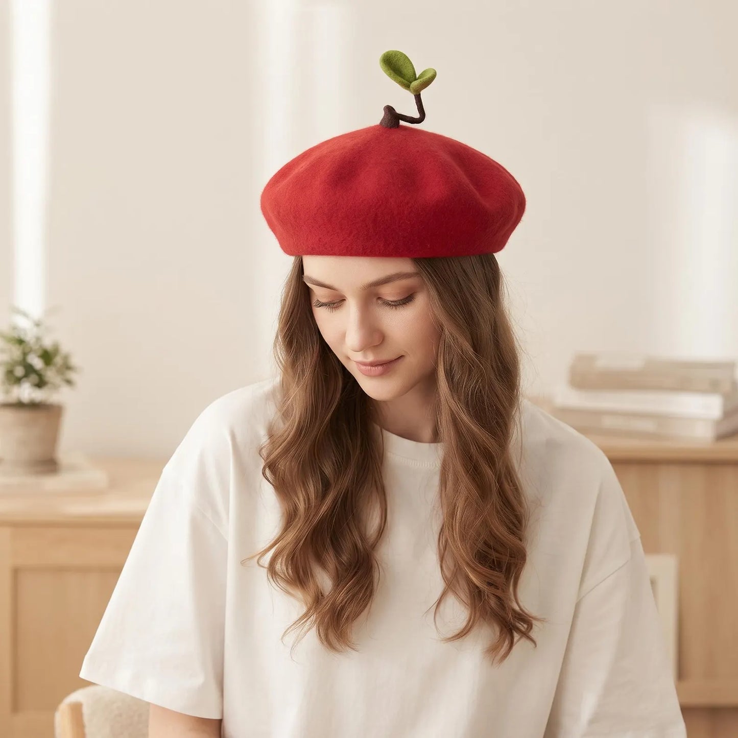 Handmade Sprout Wool Beret – Whimsical Kawaii Winter Hat & Plant Lover Gift
