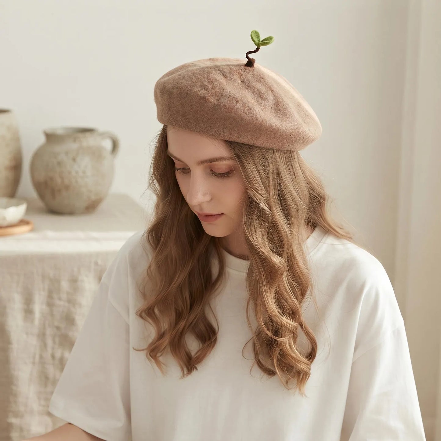 Handmade Sprout Wool Beret – Whimsical Kawaii Winter Hat & Plant Lover Gift