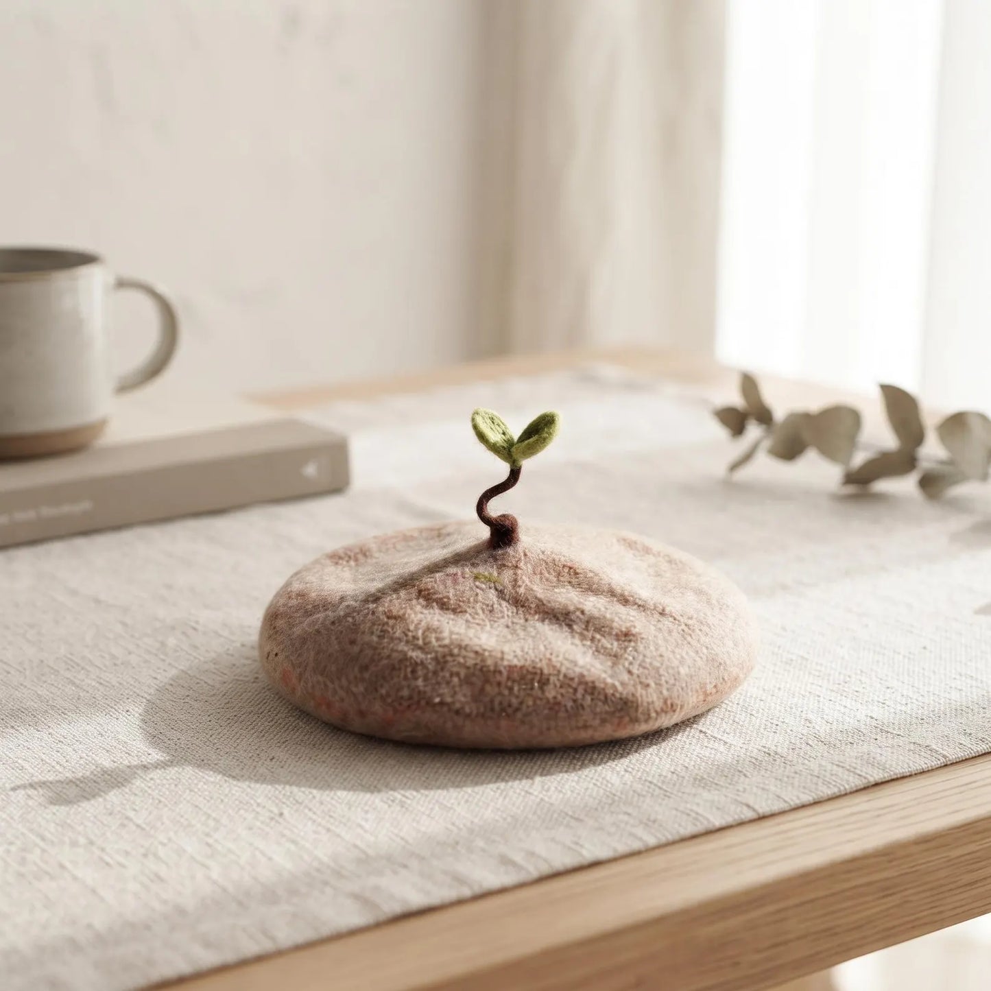 Handmade Sprout Wool Beret – Whimsical Kawaii Winter Hat & Plant Lover Gift