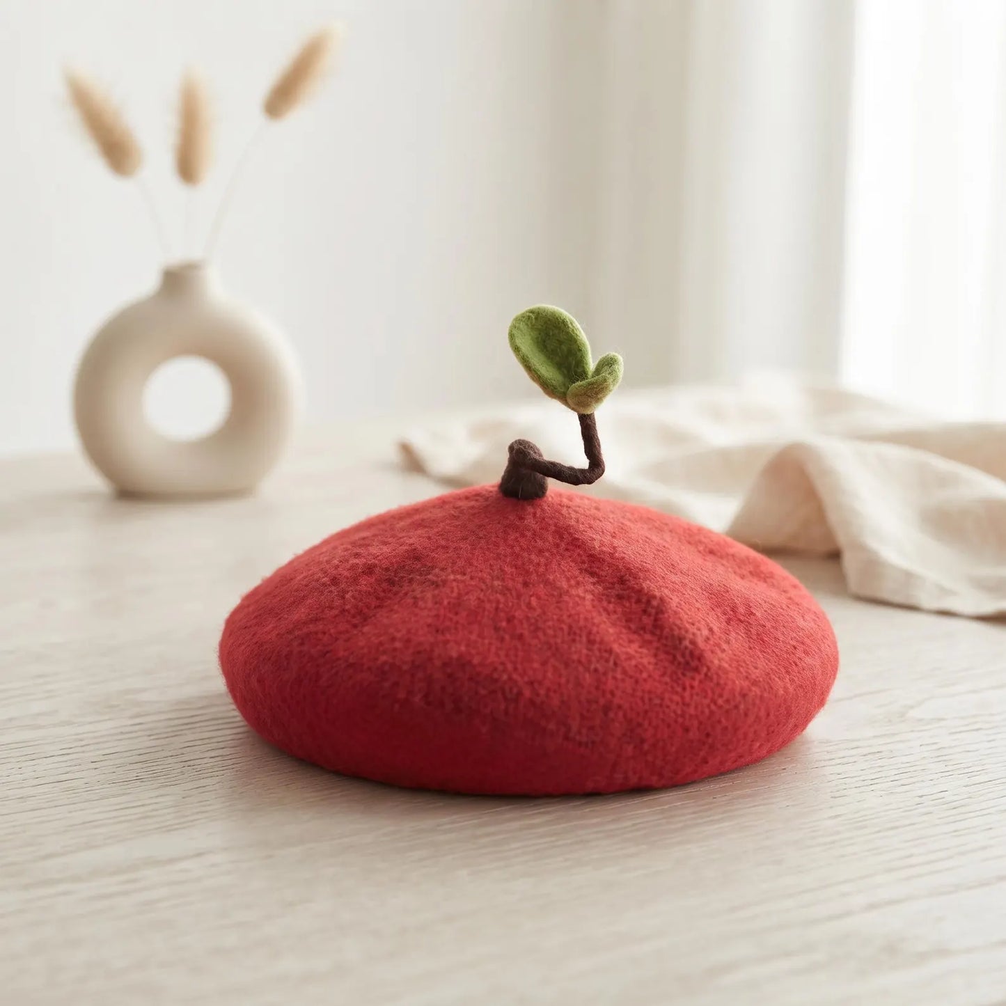 Handmade Sprout Wool Beret – Whimsical Kawaii Winter Hat & Plant Lover Gift
