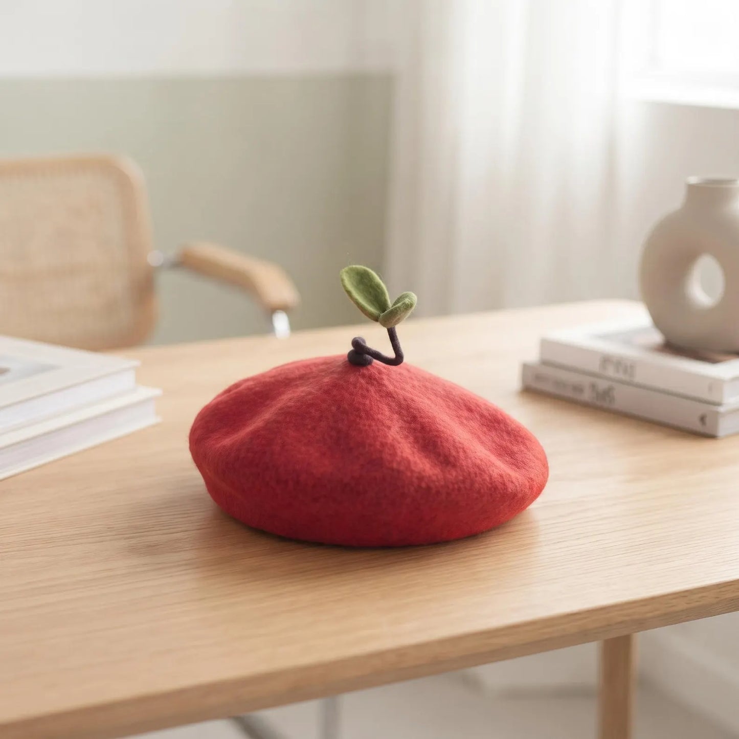 Handmade Sprout Wool Beret – Whimsical Kawaii Winter Hat & Plant Lover Gift