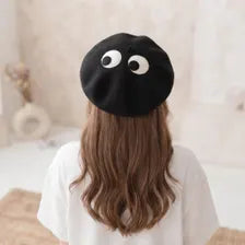 Black Googly Eyes Wool Beret - Cute Monster Cap | Handmade Kawaii Tam