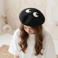 Black Googly Eyes Wool Beret - Cute Monster Cap | Handmade Kawaii Tam