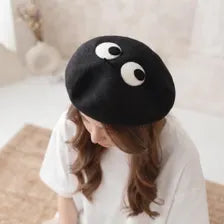 Black Googly Eyes Wool Beret - Cute Monster Cap | Handmade Kawaii Tam