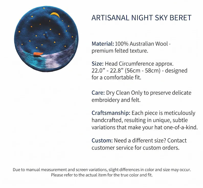 Starry Night Celestial Wool Beret – Moon, Stars & Ocean Waves Nautical Hat