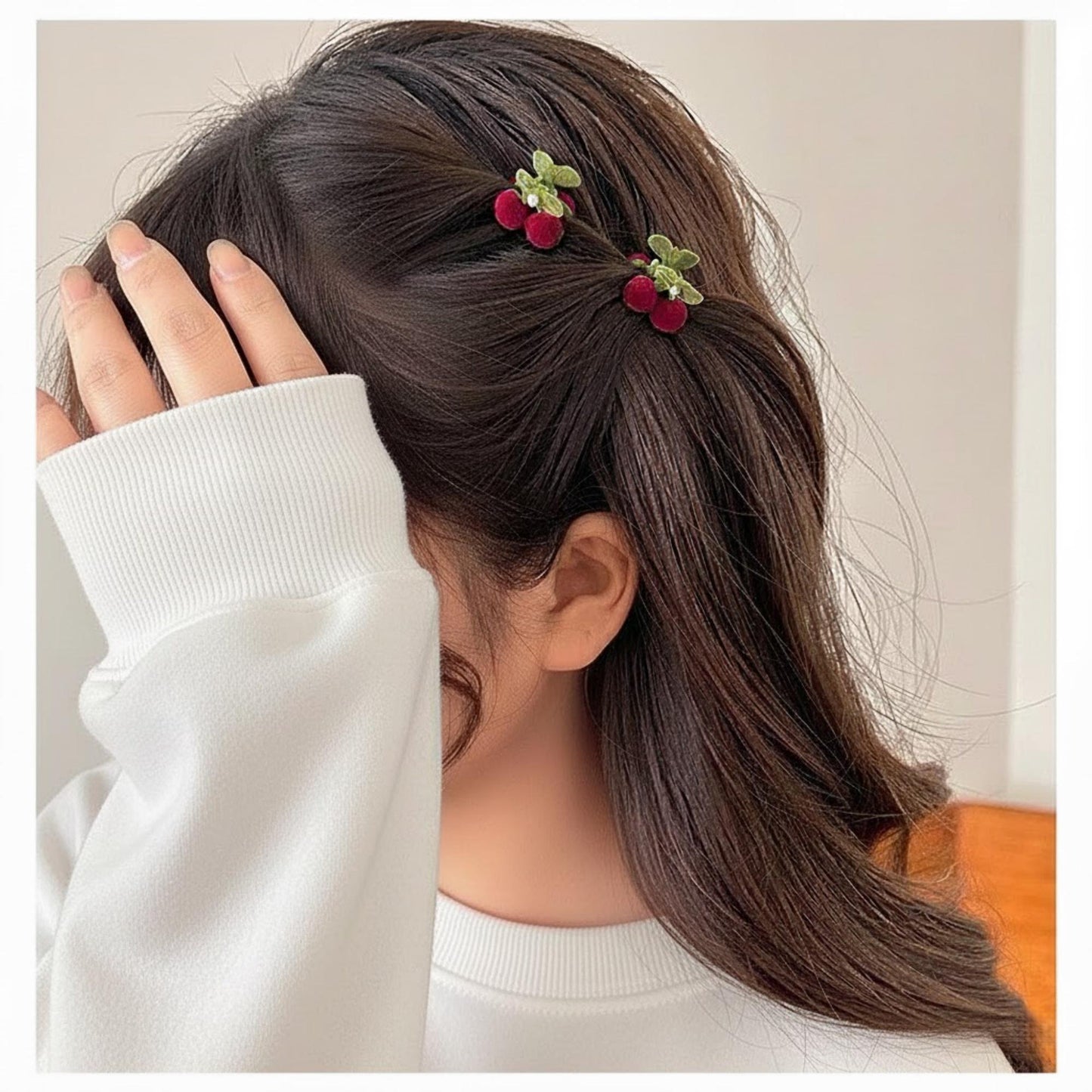 Burgundy Velvet Cherry & Pearl Mini Claw Clip