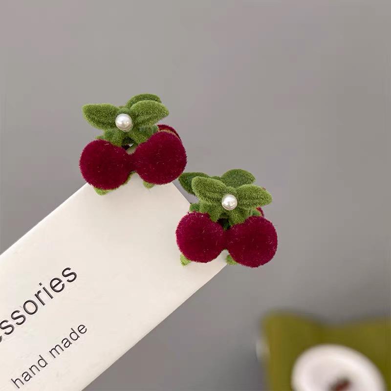 Burgundy Velvet Cherry & Pearl Mini Claw Clip