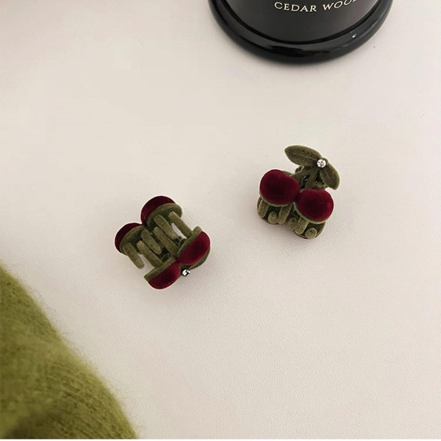 Burgundy Velvet Cherry & Pearl Mini Claw Clip
