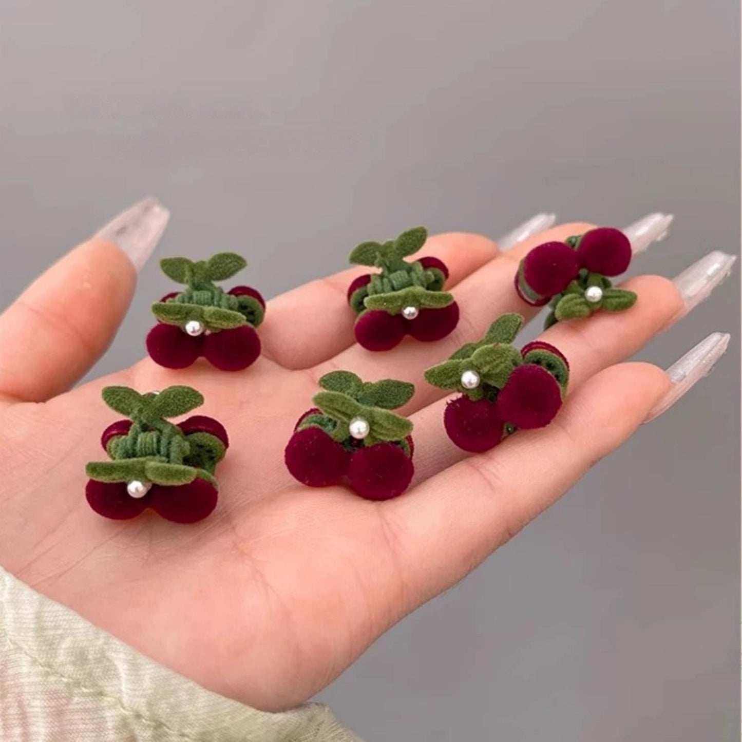 Burgundy Velvet Cherry & Pearl Mini Claw Clip
