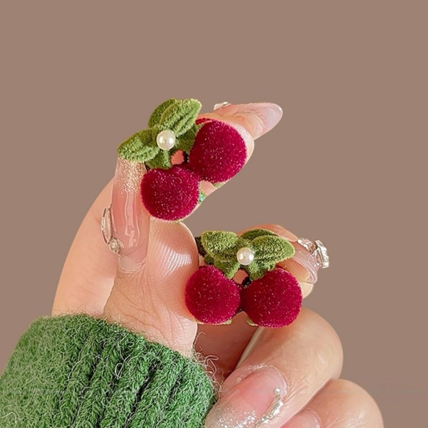 Burgundy Velvet Cherry & Pearl Mini Claw Clip