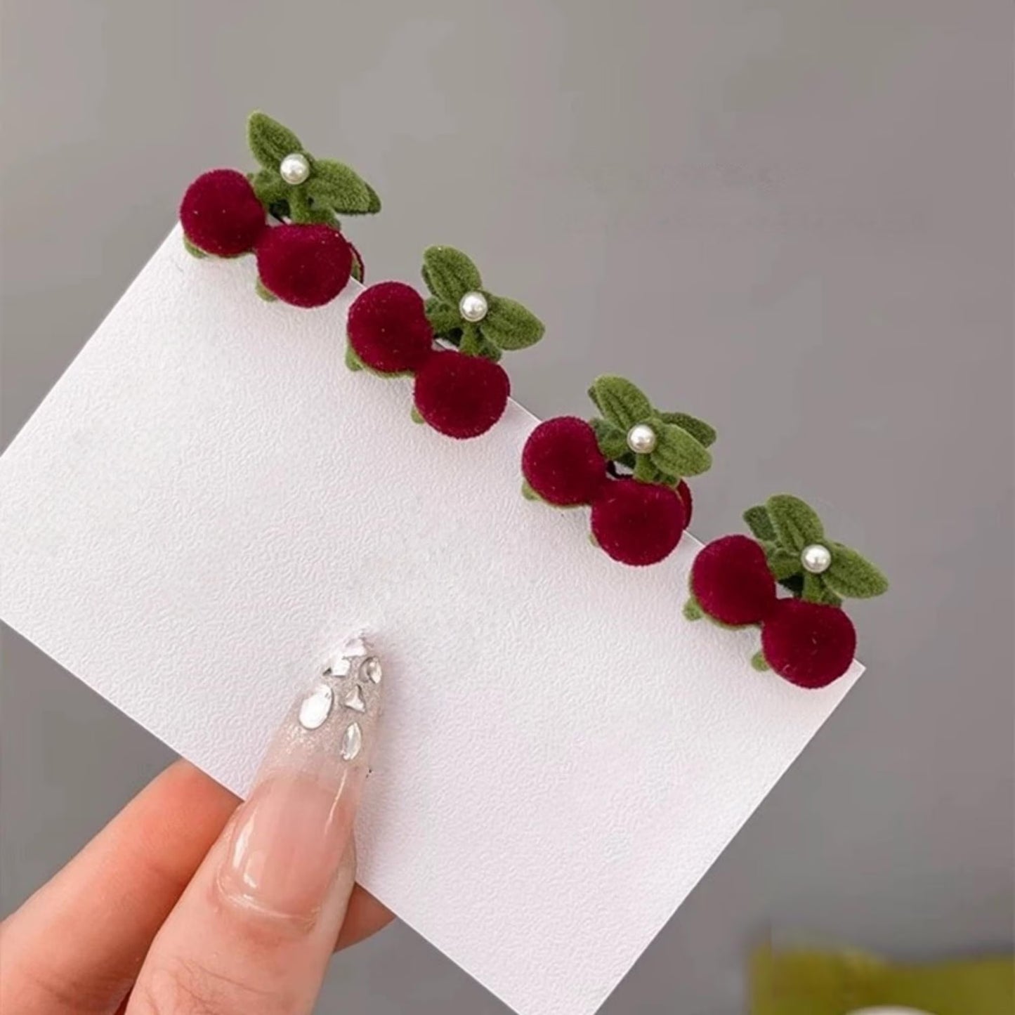 Burgundy Velvet Cherry & Pearl Mini Claw Clip