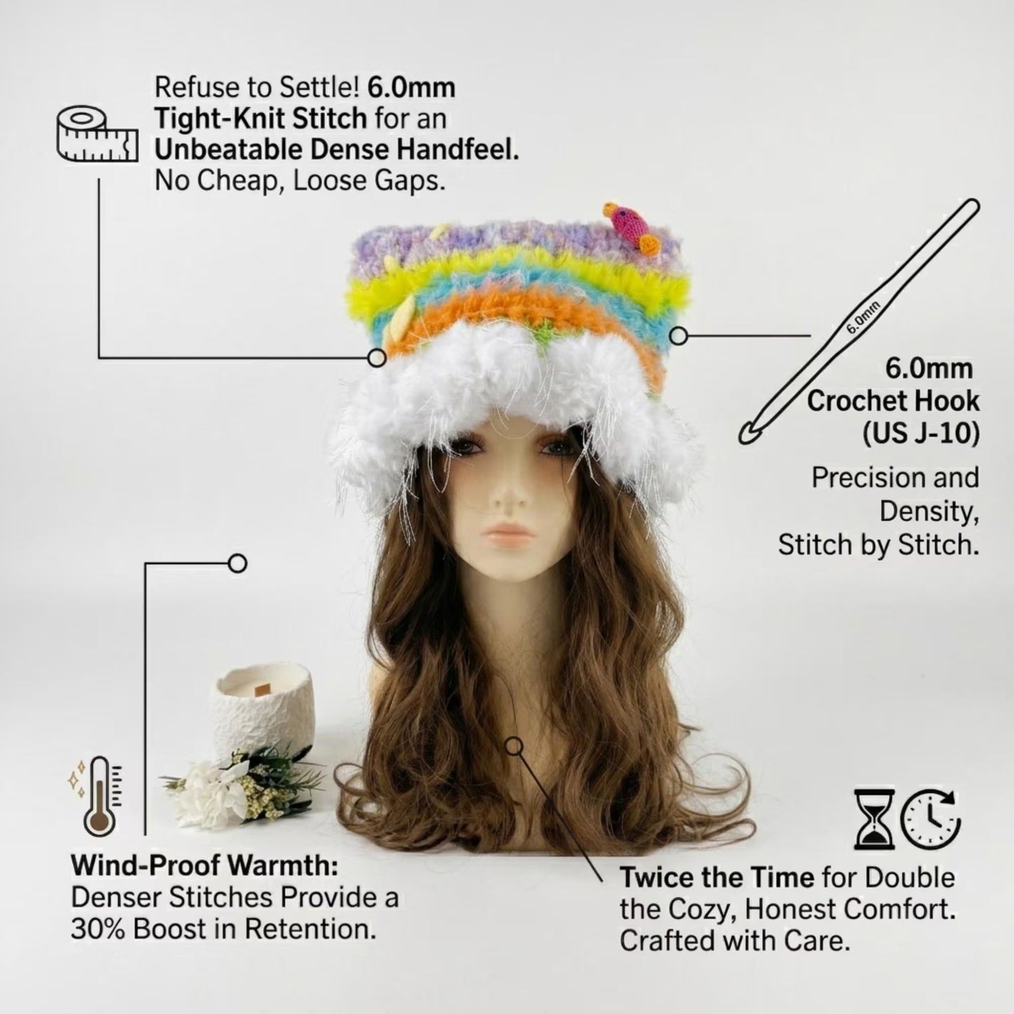 Handmade Rainbow Cat Ear Hat - Colorful Crochet Jellyfish Beanie with Tinsel Faux Fur - Whimsical Kawaii Aesthetic Winter Accessory