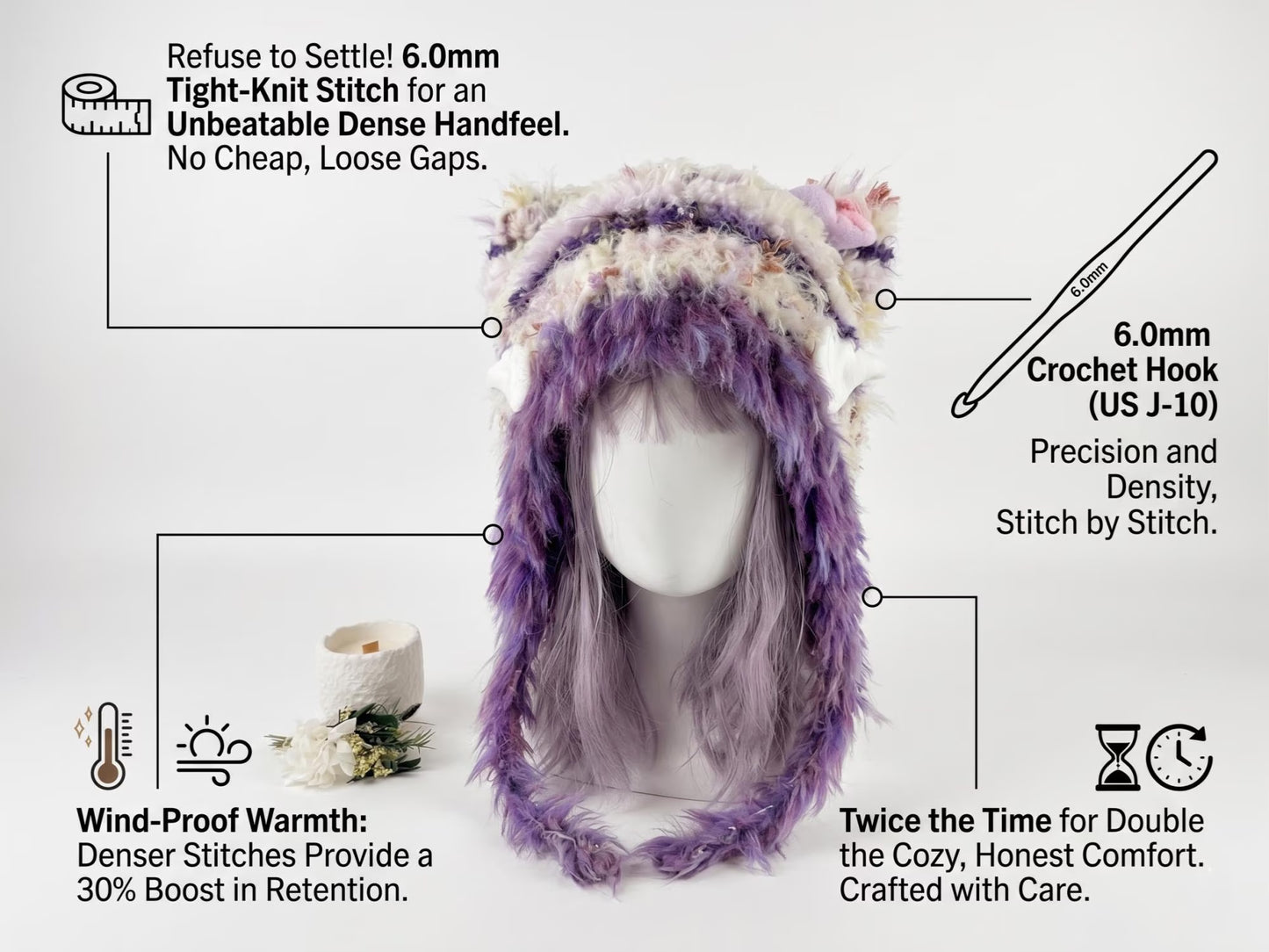 Handmade Purple and White Cat Ear Hat - Shaggy Faux Fur Jellyfish Beanie with Pom-Poms - Whimsical Aesthetic Winter Trapper Hat