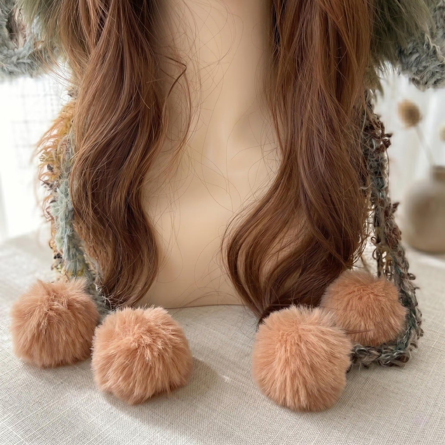 Handmade Bunny Ear Hat - Moss Green Fuzzy Jellyfish Beanie - Plush Winter Trapper Hat with Pom-Poms