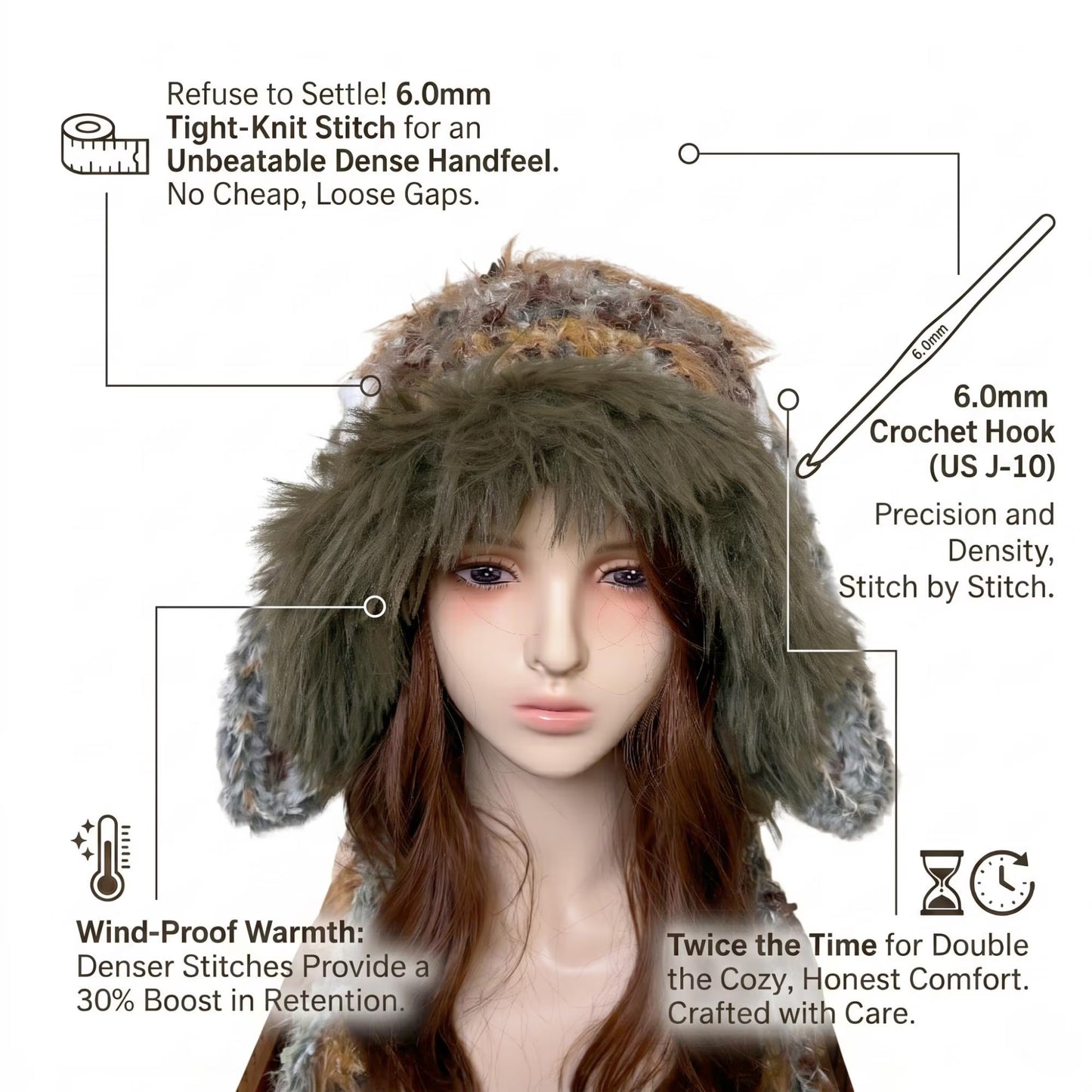 Handmade Bunny Ear Hat - Moss Green Fuzzy Jellyfish Beanie - Plush Winter Trapper Hat with Pom-Poms