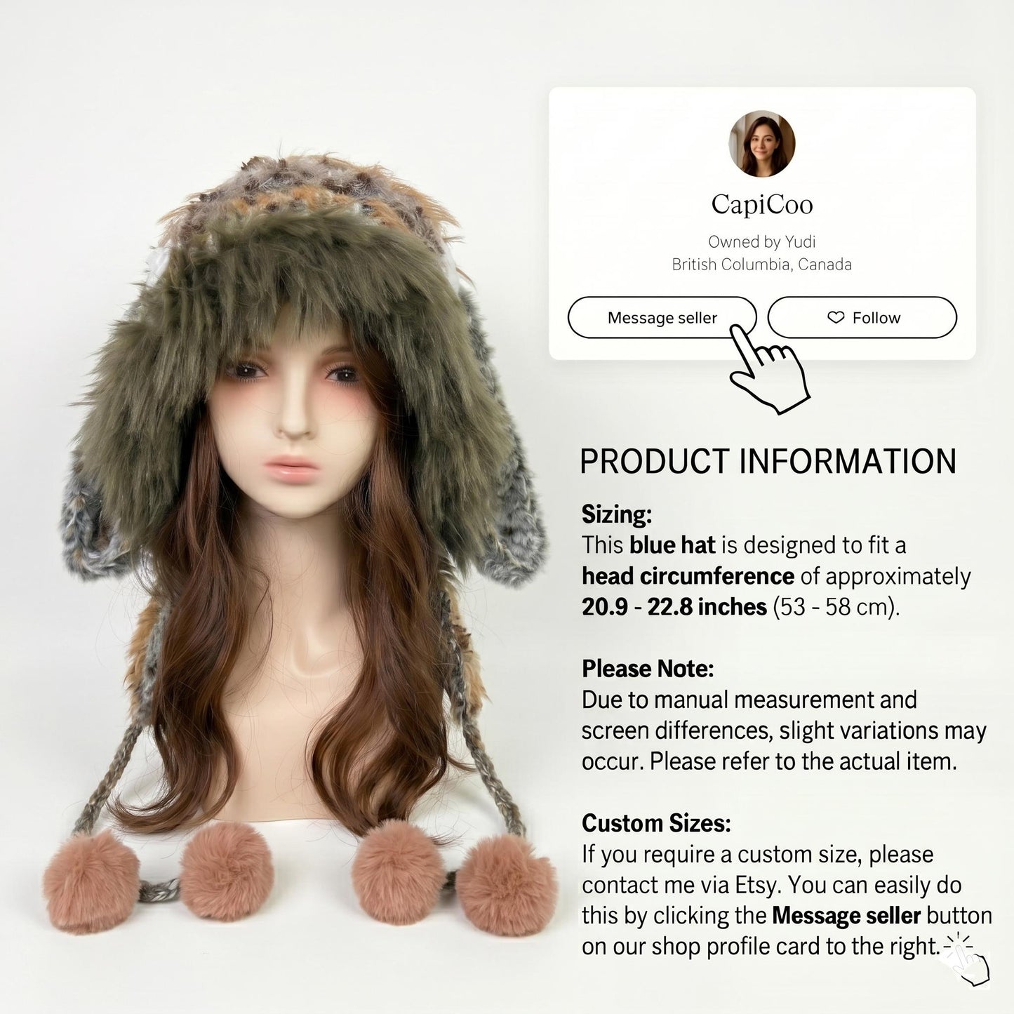 Handmade Bunny Ear Hat - Moss Green Fuzzy Jellyfish Beanie - Plush Winter Trapper Hat with Pom-Poms