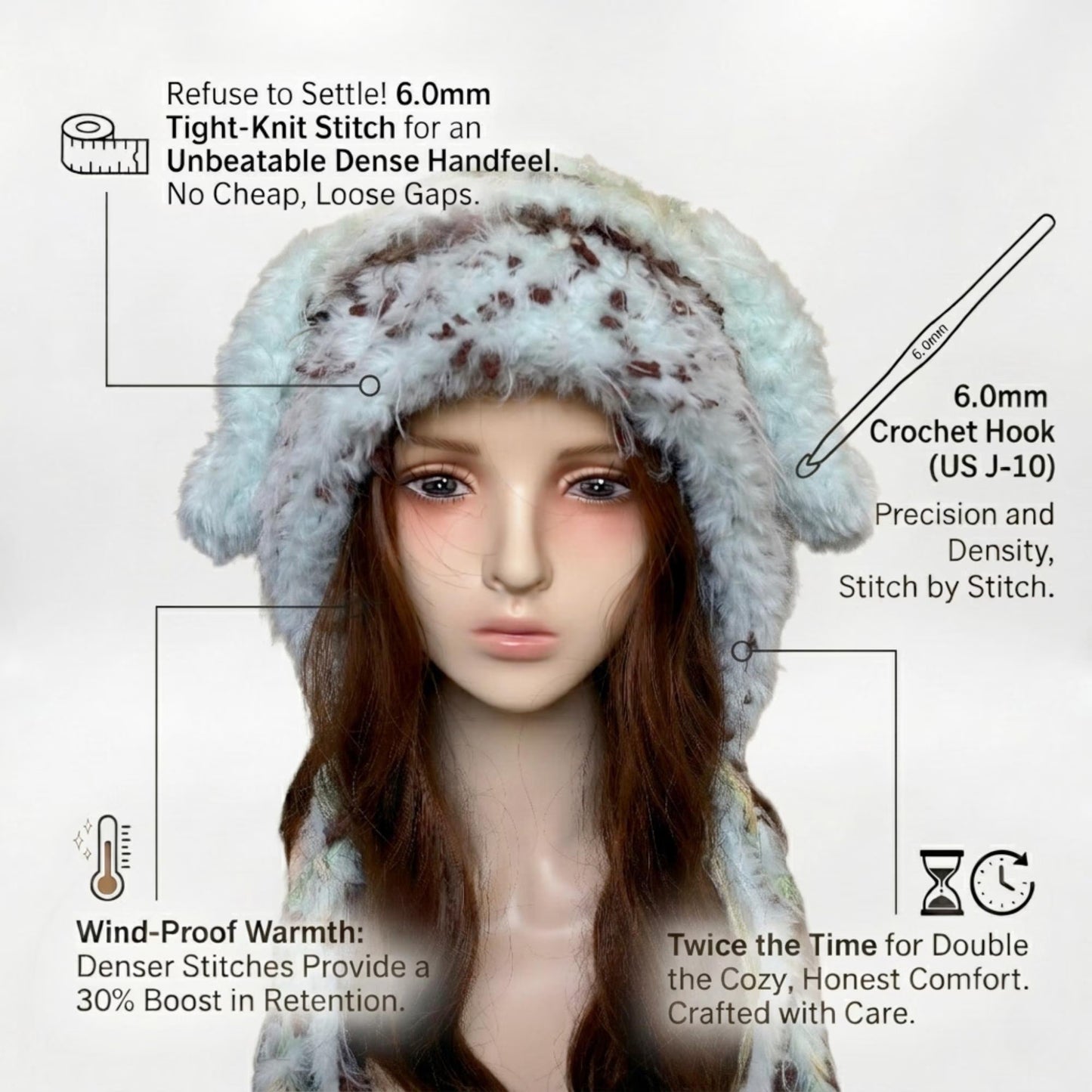 Handmade Mint Green & Coffee Spotted Bunny Ear Beanie - Fluffy Plush Animal Trapper Hat for Women