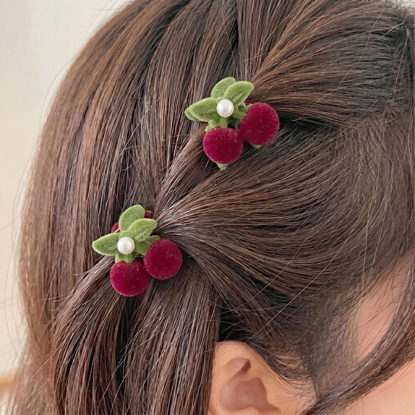 Burgundy Velvet Cherry & Pearl Mini Claw Clip