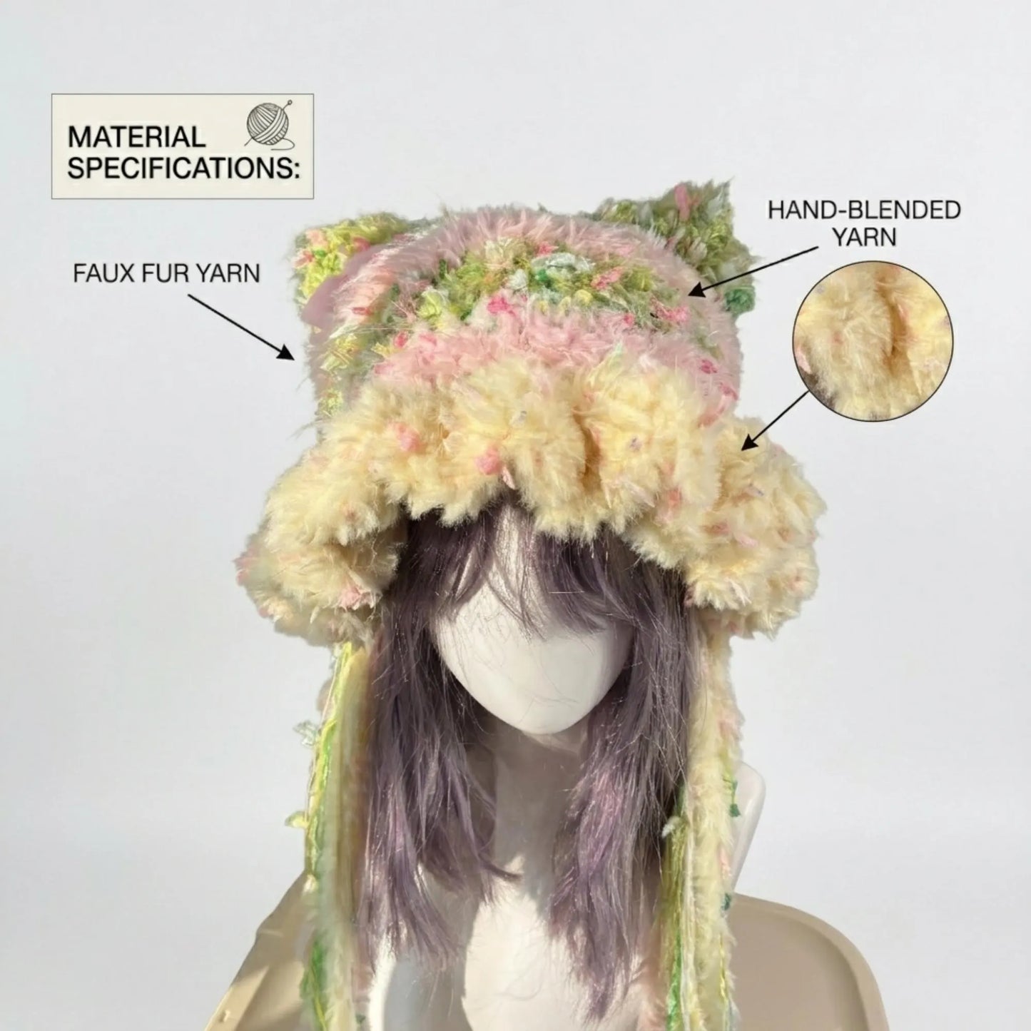 Handmade Pastel Rainbow Cat Ear Hat - Shaggy Faux Fur Jellyfish Beanie with Long Tassels - Fairycore Aesthetic Plush Winter Accessory