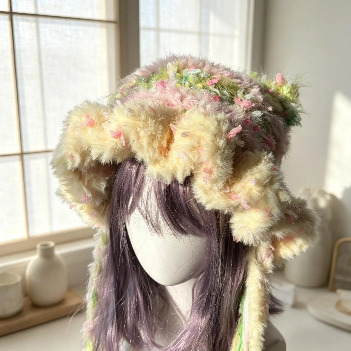 Handmade Pastel Rainbow Cat Ear Hat - Shaggy Faux Fur Jellyfish Beanie with Long Tassels - Fairycore Aesthetic Plush Winter Accessory
