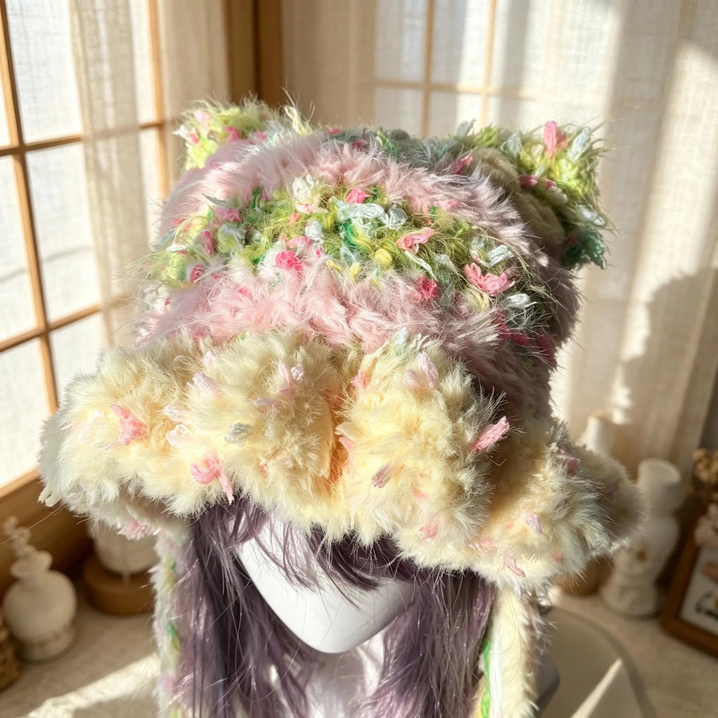 Handmade Pastel Rainbow Cat Ear Hat - Shaggy Faux Fur Jellyfish Beanie with Long Tassels - Fairycore Aesthetic Plush Winter Accessory