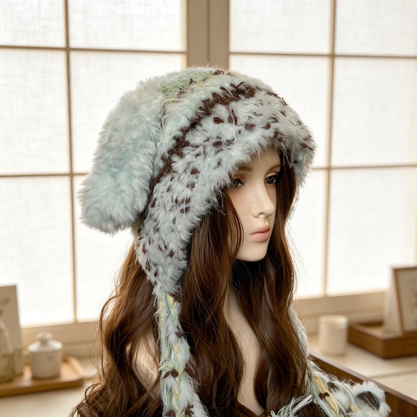 Handmade Mint Green & Coffee Spotted Bunny Ear Beanie - Fluffy Plush Animal Trapper Hat for Women