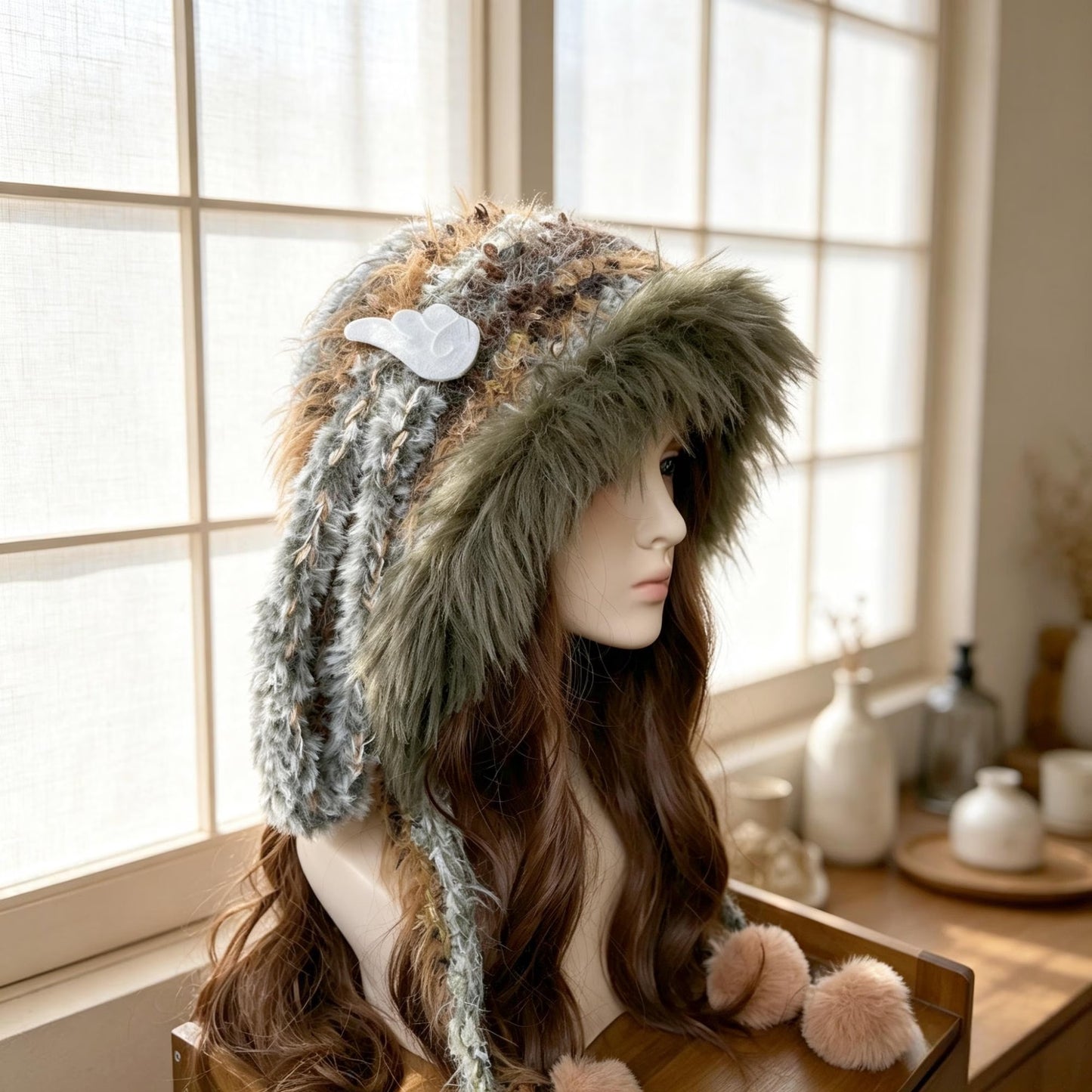 Handmade Bunny Ear Hat - Moss Green Fuzzy Jellyfish Beanie - Plush Winter Trapper Hat with Pom-Poms