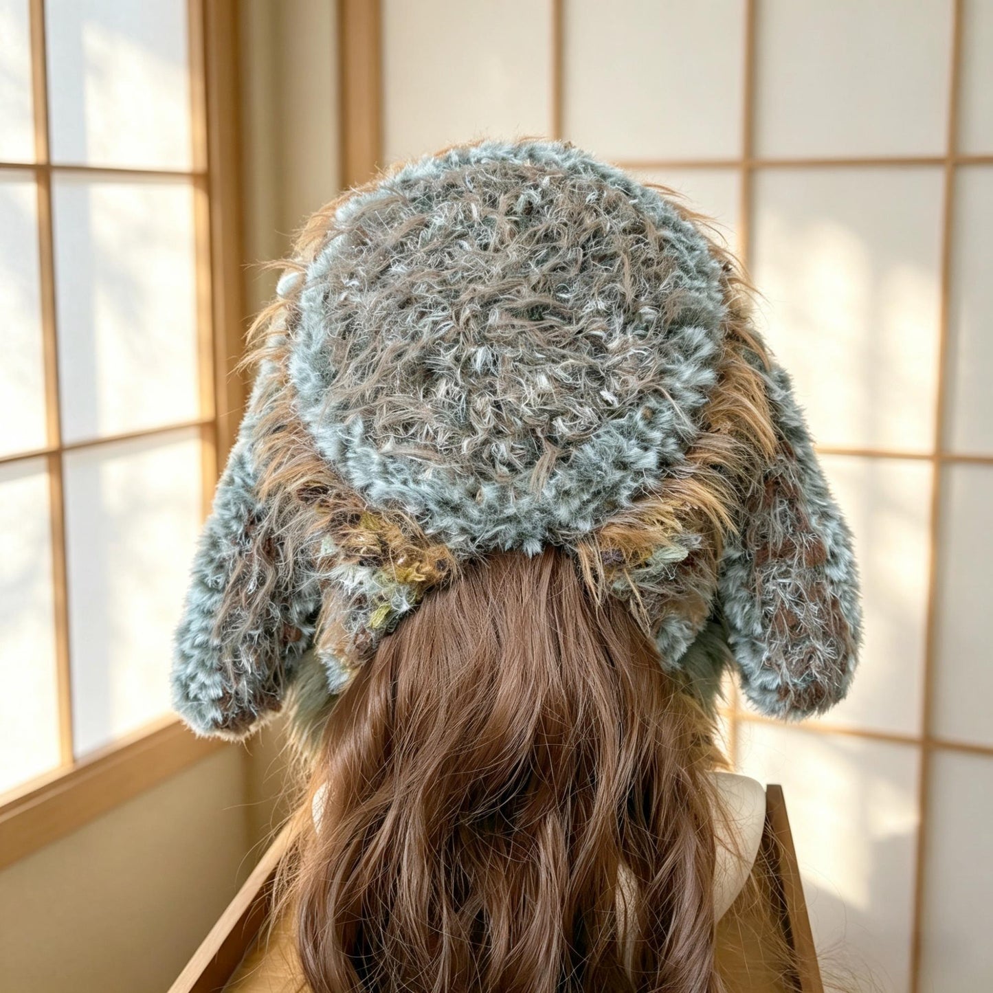 Handmade Bunny Ear Hat - Moss Green Fuzzy Jellyfish Beanie - Plush Winter Trapper Hat with Pom-Poms