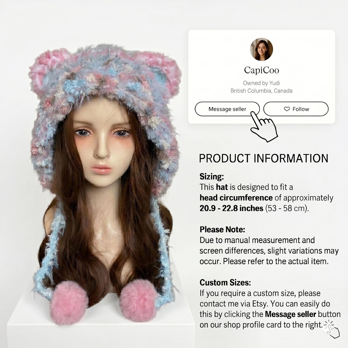 Handmade Pink & Blue Pastel Bear Ear Beanie - Fluffy Plush Animal Trapper Hat with Pom Poms for Women