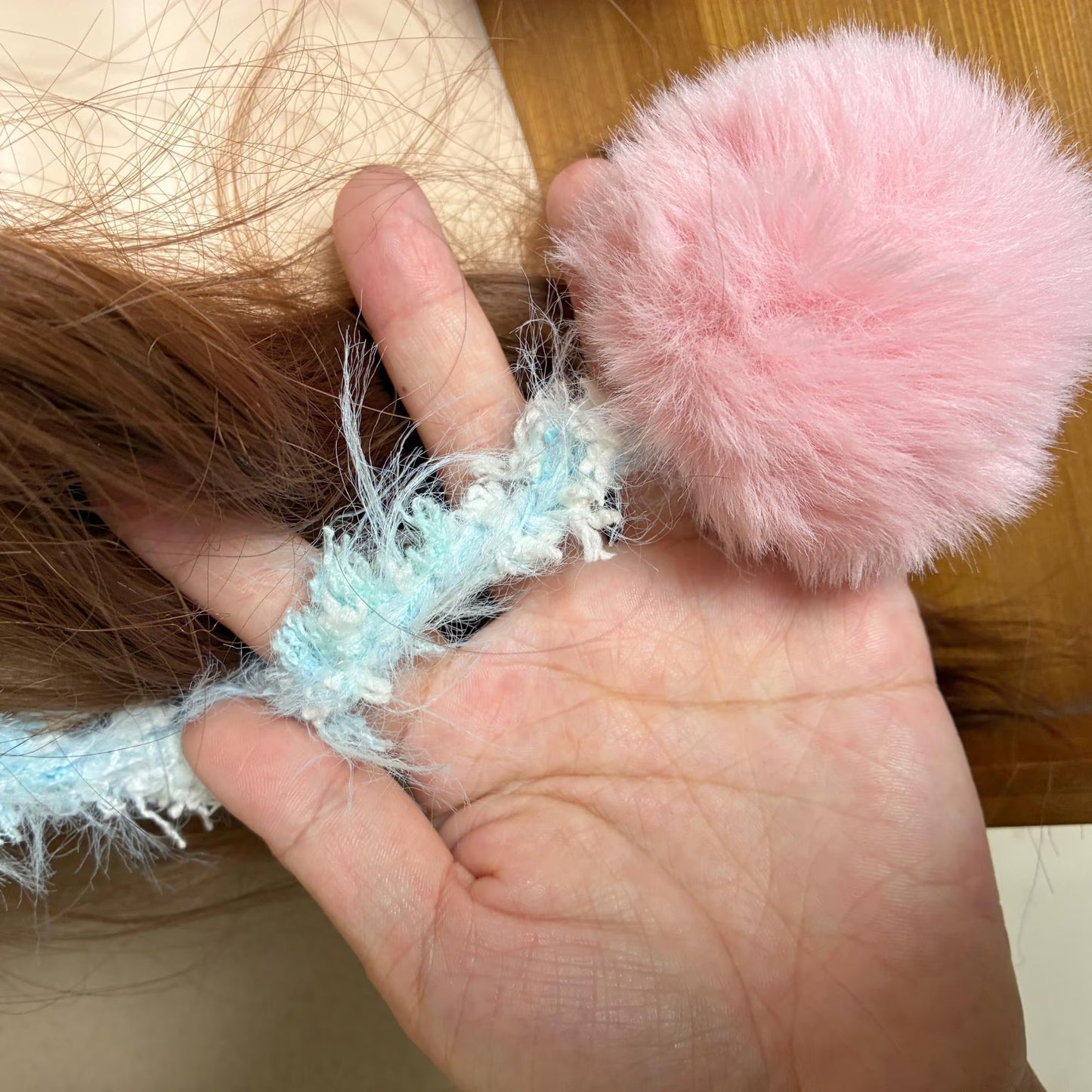 Handmade Pink & Blue Pastel Bear Ear Beanie - Fluffy Plush Animal Trapper Hat with Pom Poms for Women