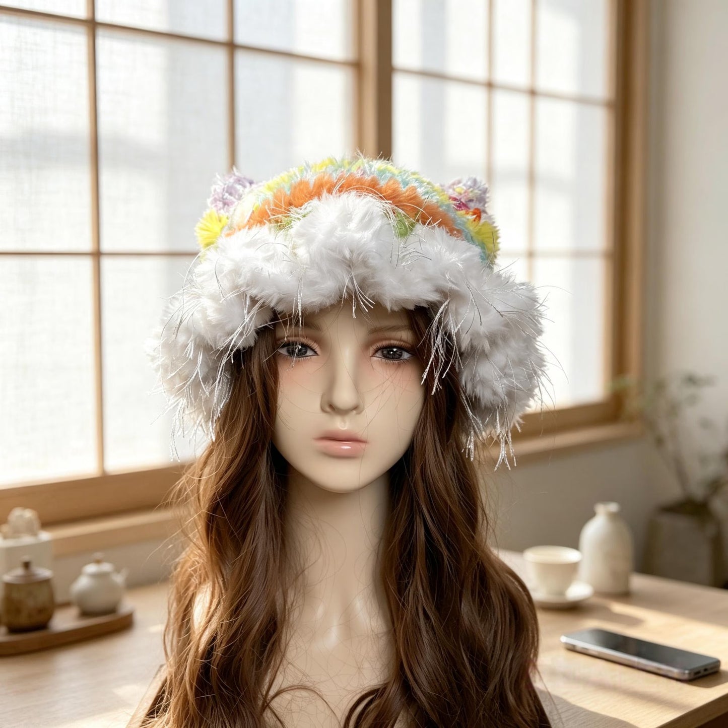 Handmade Rainbow Cat Ear Hat - Colorful Crochet Jellyfish Beanie with Tinsel Faux Fur - Whimsical Kawaii Aesthetic Winter Accessory