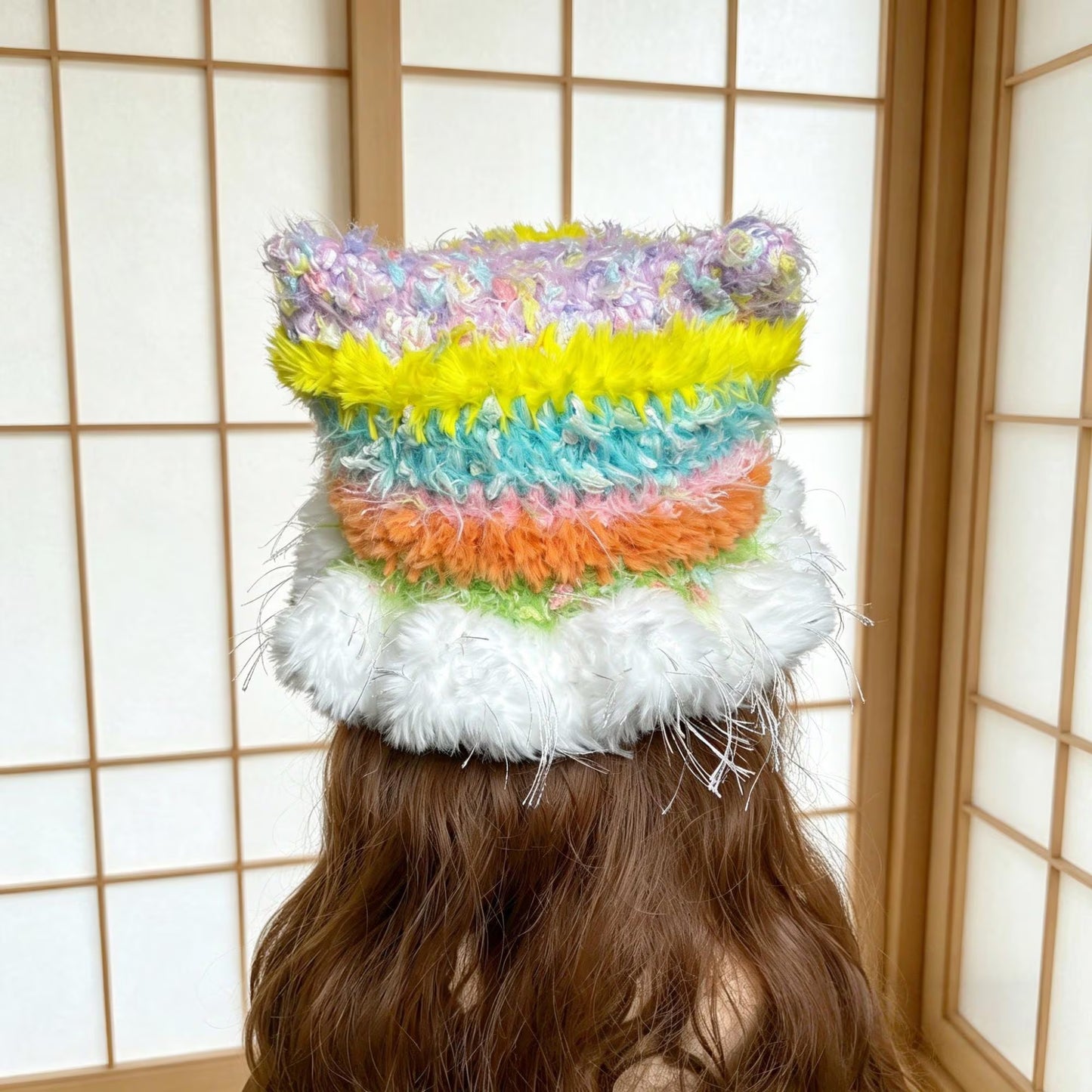 Handmade Rainbow Cat Ear Hat - Colorful Crochet Jellyfish Beanie with Tinsel Faux Fur - Whimsical Kawaii Aesthetic Winter Accessory