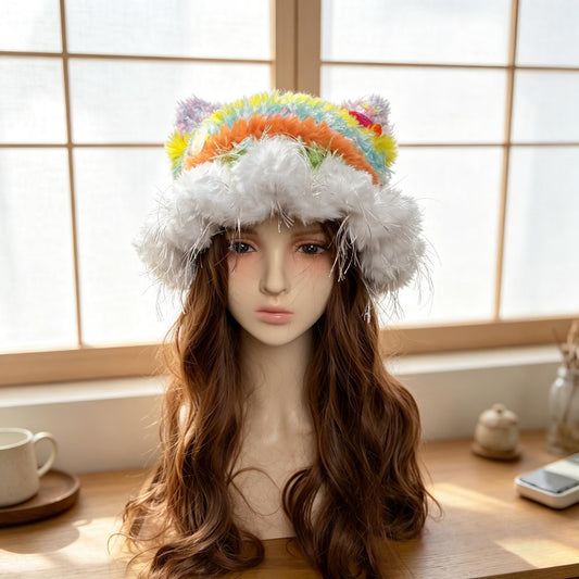 Handmade Rainbow Cat Ear Hat - Colorful Crochet Jellyfish Beanie with Tinsel Faux Fur - Whimsical Kawaii Aesthetic Winter Accessory