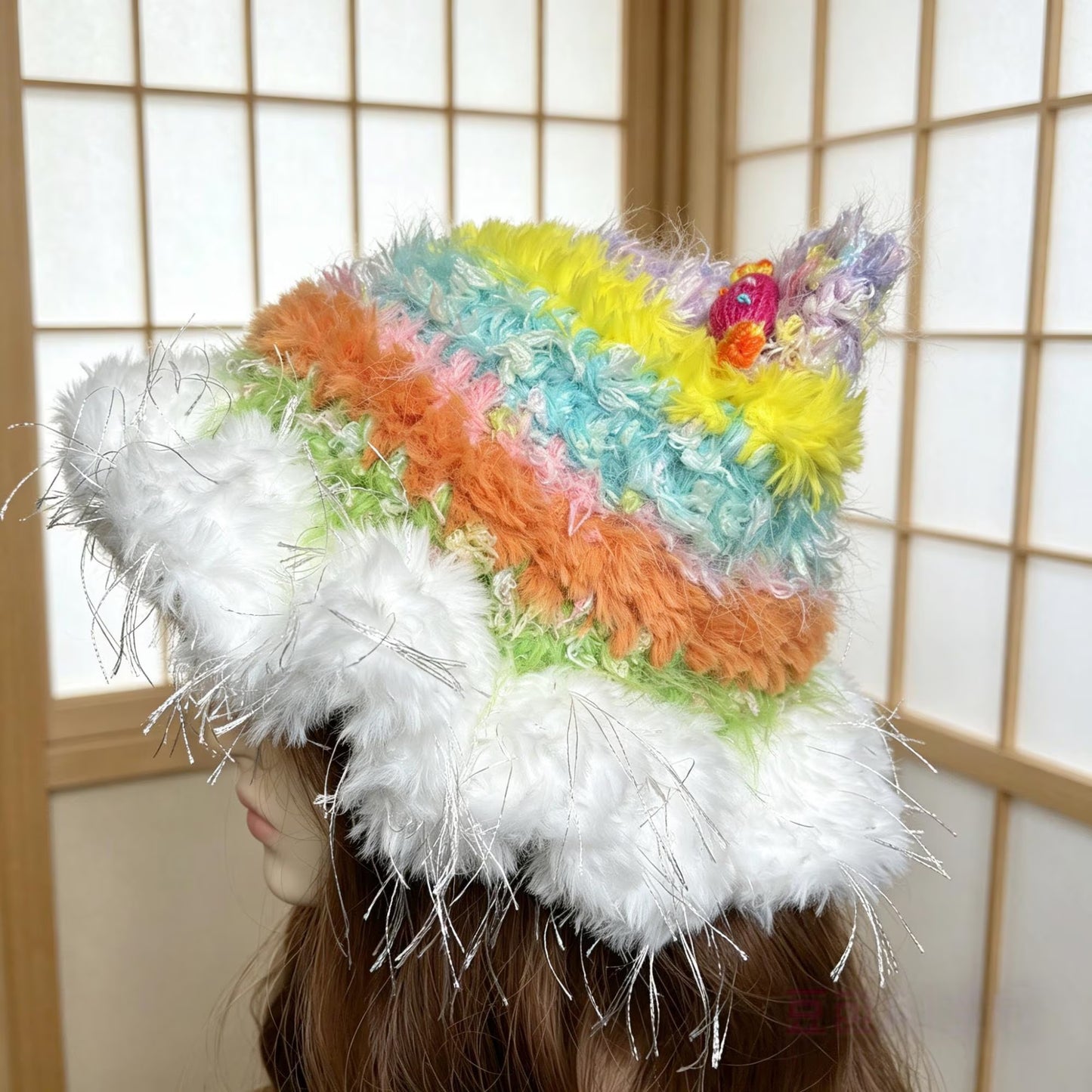 Handmade Rainbow Cat Ear Hat - Colorful Crochet Jellyfish Beanie with Tinsel Faux Fur - Whimsical Kawaii Aesthetic Winter Accessory