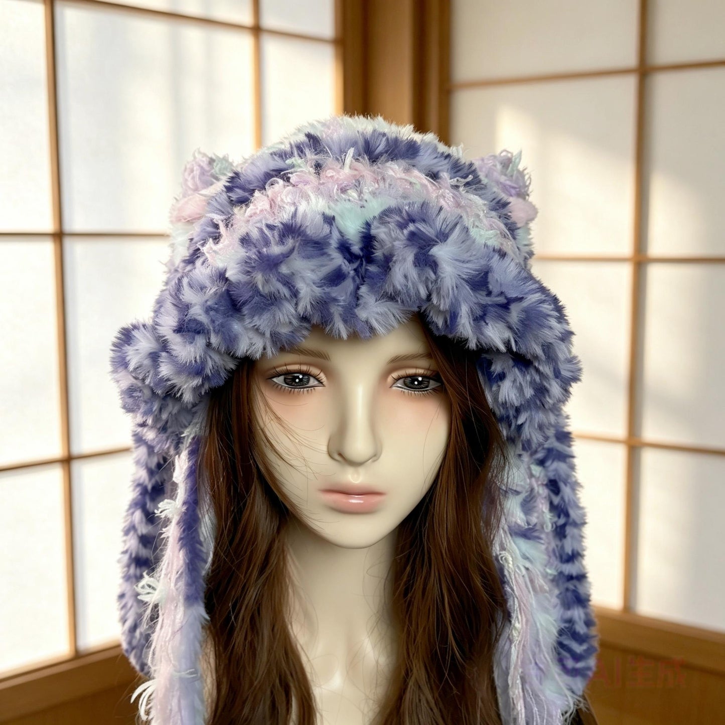 Handmade Purple & Pink Ombre Bunny Ear Beanie - Fluffy Pastel Plush Animal Trapper Hat for Women
