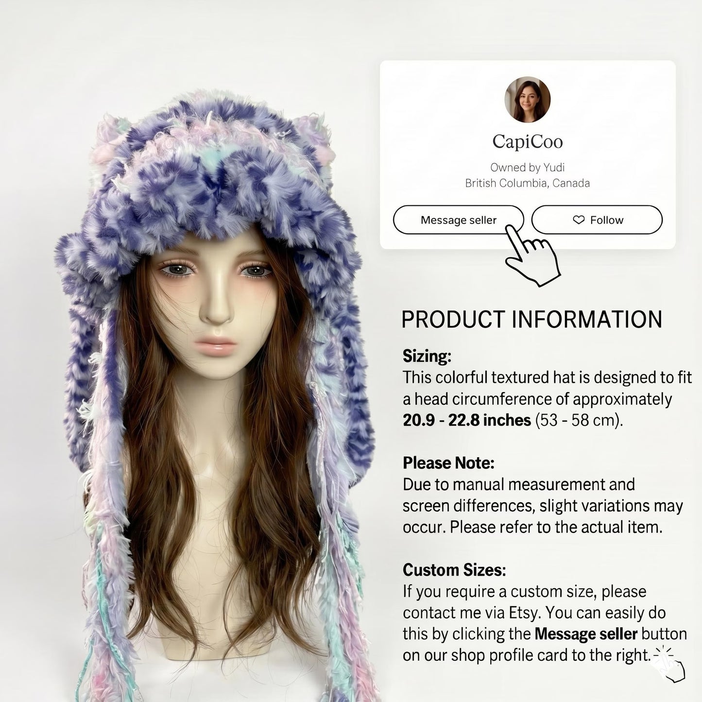 Handmade Purple & Pink Ombre Bunny Ear Beanie - Fluffy Pastel Plush Animal Trapper Hat for Women