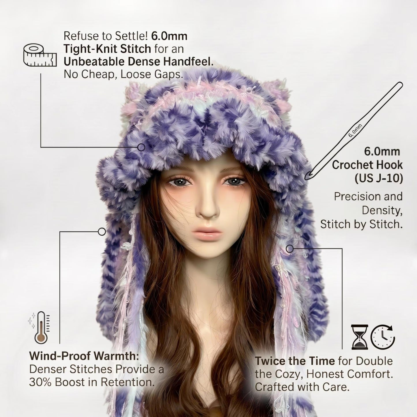 Handmade Purple & Pink Ombre Bunny Ear Beanie - Fluffy Pastel Plush Animal Trapper Hat for Women