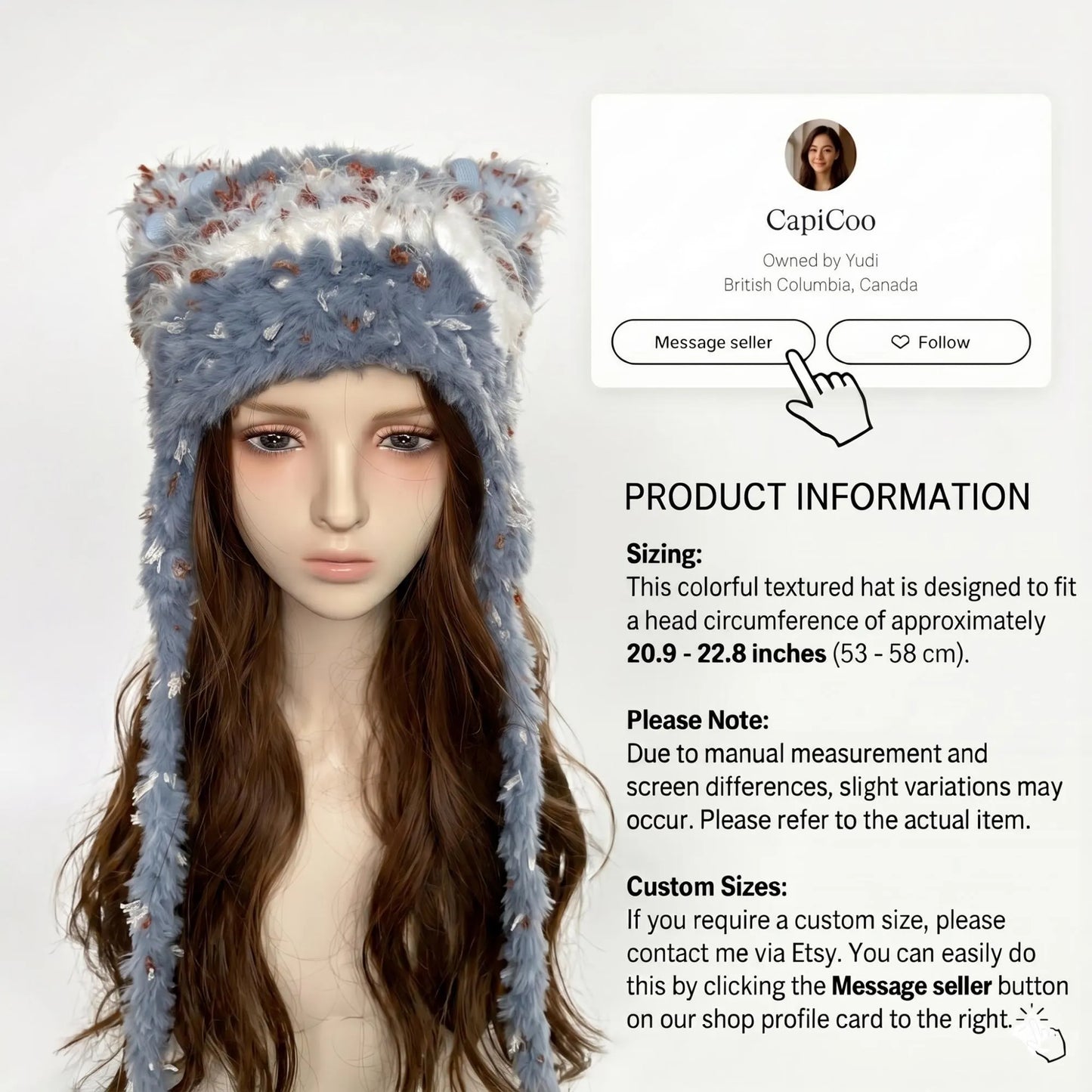 Handmade Dusty Blue Cat Ear Hat - Shaggy Faux Fur Jellyfish Beanie with Long Tassels - Vintage Aesthetic Plush Winter Trapper Hat